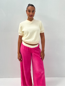 A model stands against a light gray studio background wearing a cream short-sleeve cropped knit top and bright pink wide-leg velvet pants.